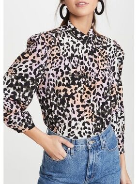 Veronica Beard Lety Leopard-Print Lilac Silk-Blend Crepe De Chine Top EUC Size 4